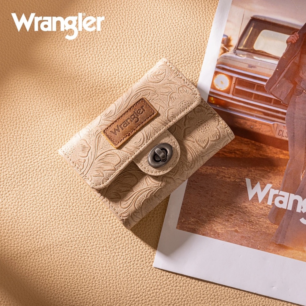 Wrangler Floral Embossed RFID Trifold Wallet Tan